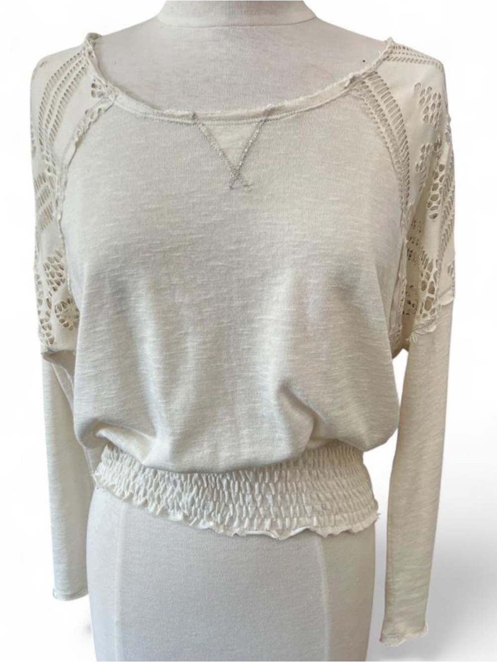 We The Free Cream Crochet Long Sleeve Smocked Top XS